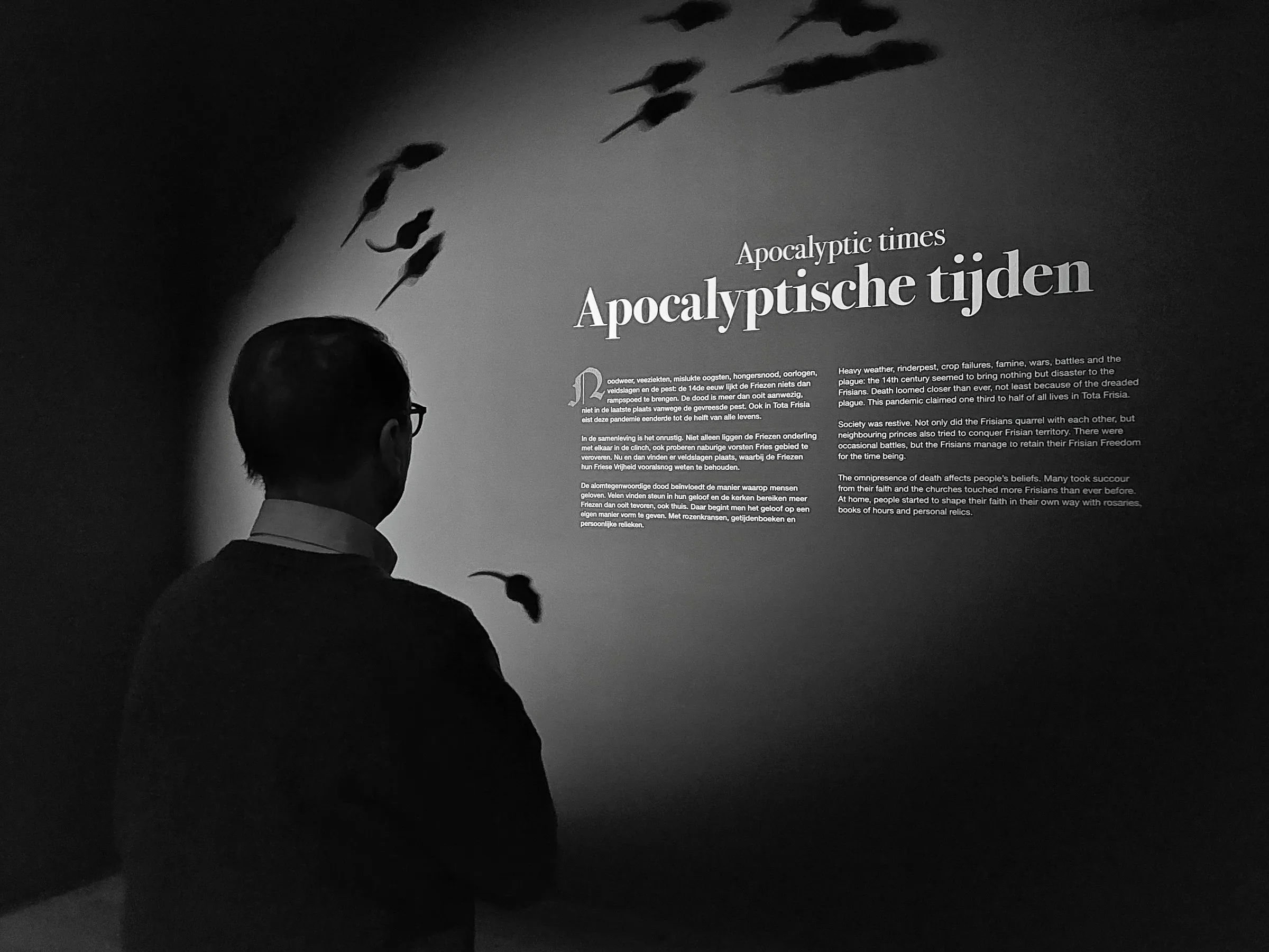 A visitor stands with their back to us in a darkened gallery, facing a large wall panel covered in small, closely-set text.